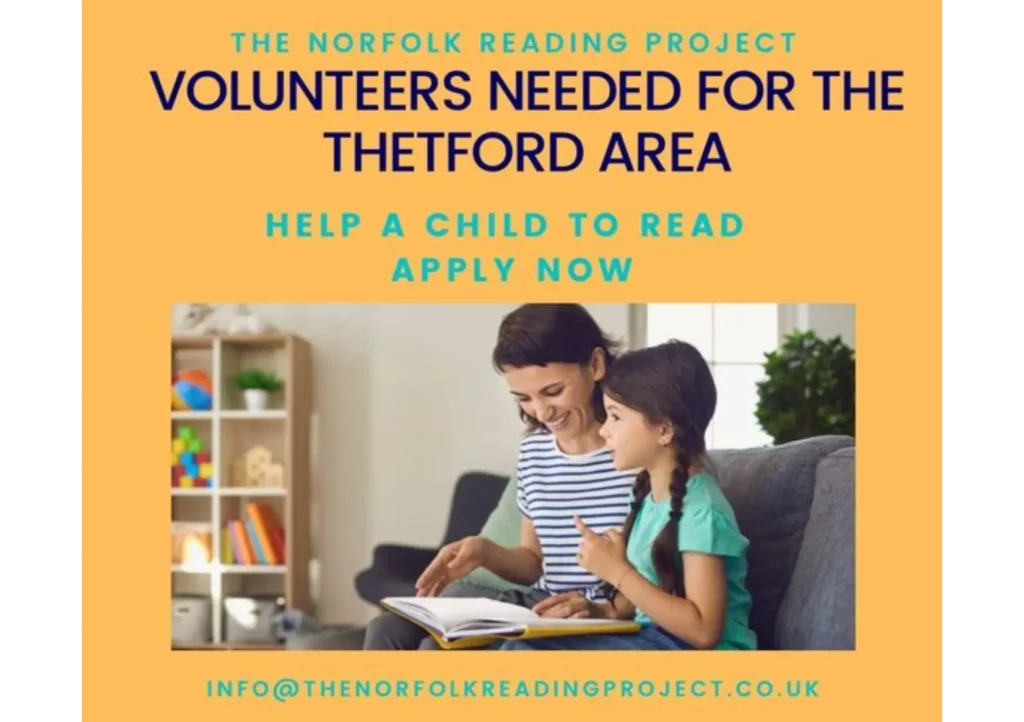 Poster requesting volunteers to help young readers with an image of a lady sitting with a child reading together.
