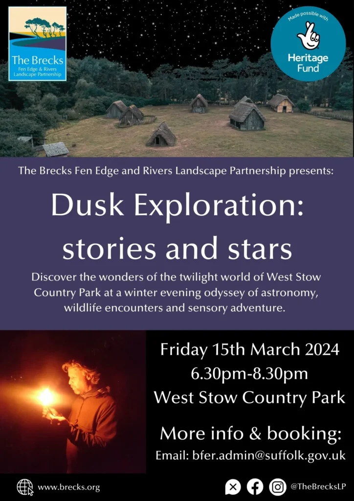 top image of west stow dwellings and a child holding a light. With information of an evening at West Stow Country Park