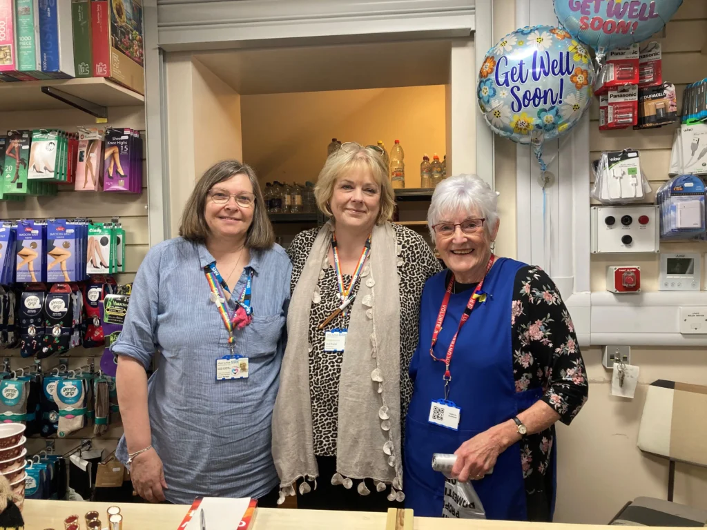 3 ladies standing together in the shop at West Suffolk Hospital