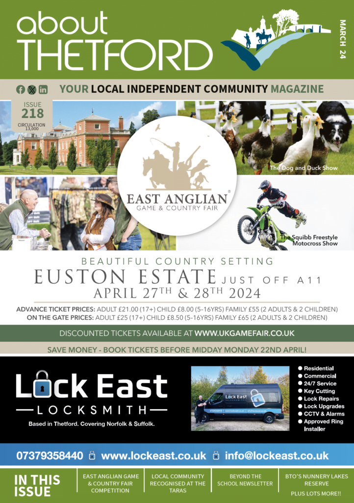 About Thetford magazine front cover featuring an advert for East Anglian Game & Country Fair and Lock East