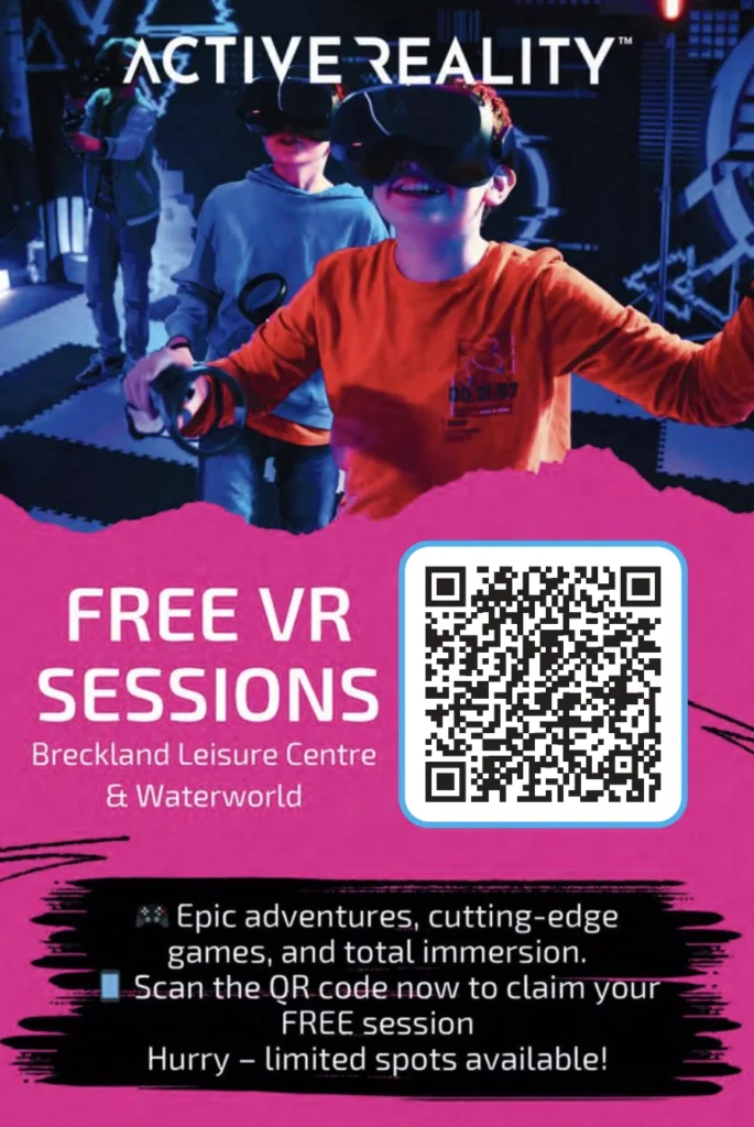 A promotional flyer for Active Reality, advertising FREE VR SESSIONS at Breckland Leisure Centre & Waterworld. The flyer features an image of two children wearing VR headsets, actively playing. A large QR code in the center encourages users to scan and book a free session. The text below highlights epic adventures, cutting-edge games, and total immersion, with a reminder of limited availability. The flyer has a bold pink and black design.
