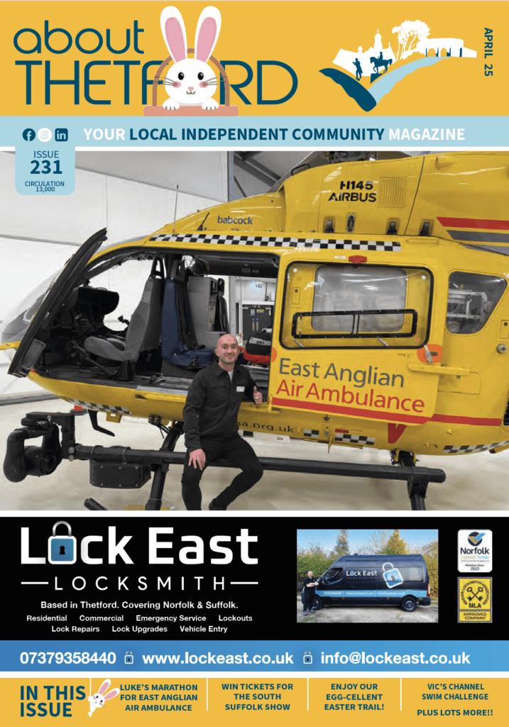 Community magazine with Luke McCartney sitting in front of a yellow East Anglian Air Ambulance