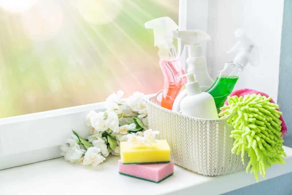A bright and airy windowsill with a neatly arranged selection of cleaning supplies. A woven white basket holds spray bottles filled with pink, green, and clear cleaning solutions, along with a white pump bottle. A fluffy green microfiber cloth and a pink scrubbing pad rest against the basket. Two stacked sponges, one yellow and one pink, sit beside artificial white flowers. Sunlight streams through the window, creating a fresh and inviting atmosphere. The scene conveys a sense of cleanliness and renewal, evoking the spirit of spring cleaning.