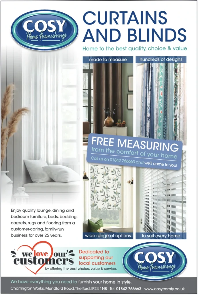 An advertisement for Cosy Home Furnishings promoting curtains and blinds. Features images of different curtain and blind styles, with text offering free home measuring services and highlighting the company's wide range of home furnishings.