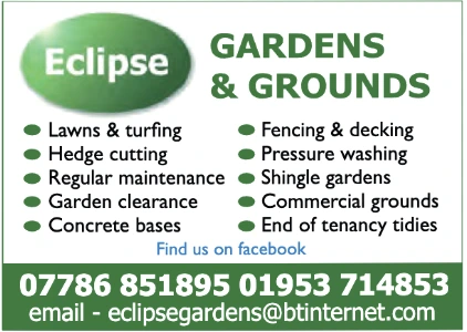 A green-themed ad for Eclipse Gardens & Grounds listing services such as lawn care, hedge cutting, fencing, decking, and pressure washing. Contact details and email address are displayed.