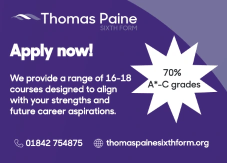 A purple-themed ad encouraging students to apply for 16-18 courses at Thomas Paine Sixth Form. It highlights career-focused education and a 70% A*-C grade achievement rate. Contact information and a website link are included.