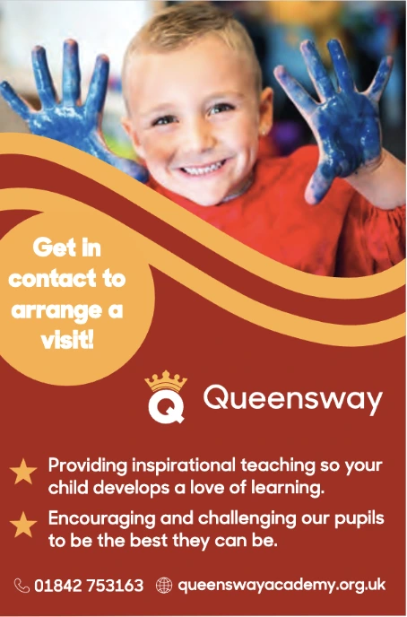 A young child with short blonde hair, wearing a red smock, smiles brightly while showing hands covered in blue paint. The advertisement promotes Queensway Academy, emphasizing inspirational teaching and pupil encouragement. Contact details and a website link are displayed.