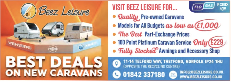 A Beez Leisure advertisement showcases deals on caravans. The left side displays three caravans under the headline ‘Best Deals on New Caravans,’ while the right side lists services including pre-owned caravans, part-exchange prices, and a fully stocked accessory shop. The business details, including address and contact information, appear at the bottom.