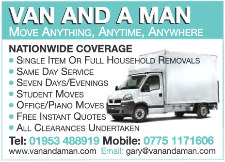 A digital advertisement for "Van and a Man," a moving service offering nationwide coverage. The ad features a large image of a white moving van and a list of services, including household removals, same-day service, student moves, office and piano moves, and clearances. Contact details, including a phone number, email, and website, are displayed at the bottom.