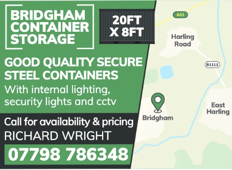 A digital advertisement for Bridgham Container Storage, promoting secure steel containers measuring 20ft x 8ft. The ad highlights internal lighting, security lights, and CCTV for added protection. A small map with a green location pin marks the site near East Harling. The bottom section features contact details for Richard Wright, with a phone number for availability and pricing inquiries.