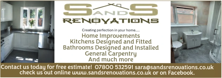 An advertisement for S and S Renovations promoting home improvements, including kitchen and bathroom installations, general carpentry, and more. The ad features images of a modern kitchen and bathroom, along with contact details for free estimates. The company’s website and Facebook information are included.
