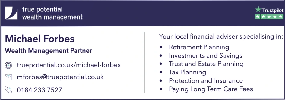 A financial services advertisement for Michael Forbes, a wealth management partner. The ad highlights specializations in retirement planning, investments, estate planning, tax planning, and insurance. The Trustpilot logo with a five-star rating is displayed in the top right corner, and contact details, including a website and email, are provided.