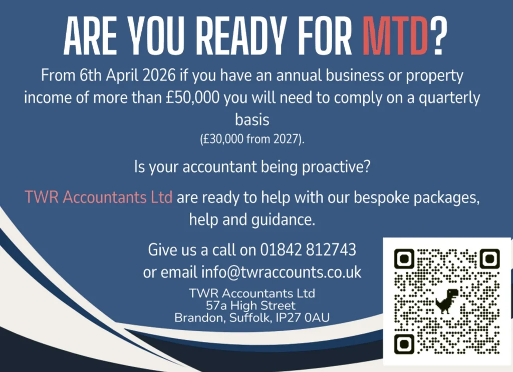 A digital advert with a dark blue background titled "ARE YOU READY FOR MTD?" in large white and red text. It explains that from 6th April 2026, those with annual business or property income over £50,000 must comply with quarterly reporting (lowering to £30,000 in 2027). The text asks if your accountant is proactive and offers help from TWR Accountants Ltd, including bespoke packages, help, and guidance. Contact details include a phone number (01842 812743), email (info@twraccounts.co.uk), and address (57a High Street, Brandon, Suffolk, IP27 0AU). A QR code is displayed in the bottom right corner.