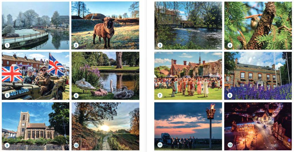 A 12-image collage laid out in a grid, likely for a calendar or photo competition.
Top row:Frosty riverside scene with trees and a curved walkway.A sheep standing in a sunlit field.A river flowing past trees and a building.A small bird perched among evergreen branches.Middle row:
5) People riding in a vintage jeep with Union Jack flags at an outdoor event.
6) Swans and cygnets resting beside a pond in a park.
7) A large outdoor gathering with people dancing on a lawn in front of historic buildings.
8) A brick building with purple flowers in the foreground.
Bottom row:
9) A church with a square tower under a blue sky.
10) A countryside path at sunset with autumn trees.
11) A group of people standing near a lit beacon at dusk.
12) A night-time town scene with illuminated streets and buildings viewed from above.