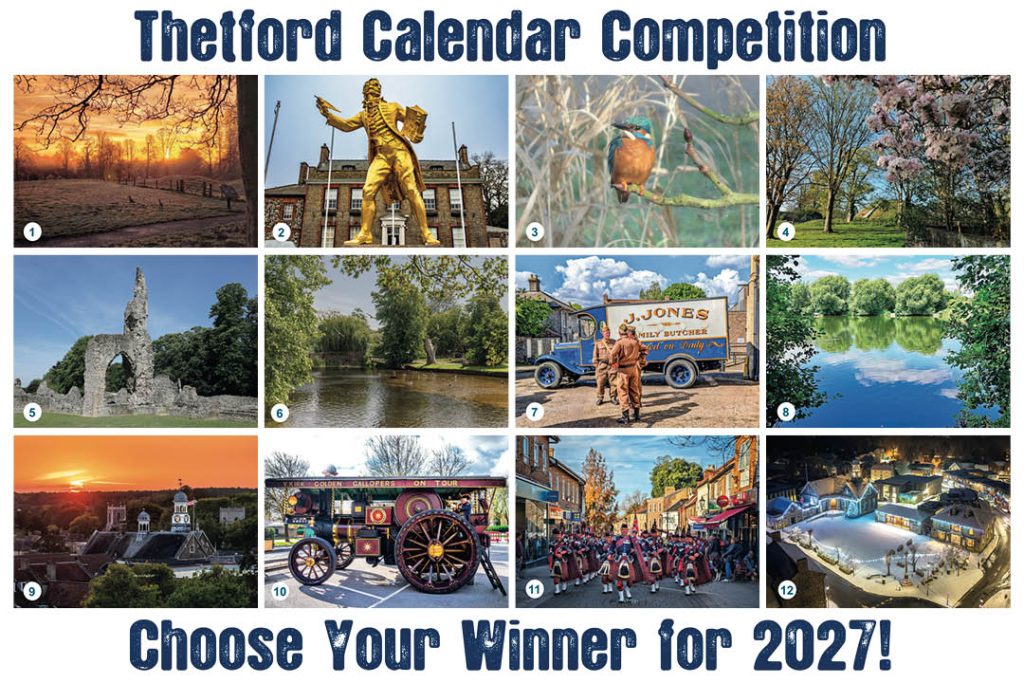 A promotional graphic titled "Thetford Calendar Competition" featuring twelve numbered photographs arranged in a 3×4 grid, inviting readers to "Choose Your Winner for 2027!". The images showcase scenes from around Thetford, including a frosty sunrise at Castle Park, the Thomas Paine statue, a kingfisher, spring blossom near the castle mound, Thetford Priory, the River Thet, a vintage J. Jones butcher's lorry with historical re-enactors, a tranquil lake, a sunset over the town skyline, a historic steam traction engine, a pipe band marching through the town centre, and a snowy aerial view of Thetford Market Place. Each photograph is labelled with a number from 1 to 12 for voting purposes.