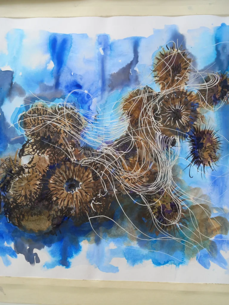 An abstract mixed media painting featuring brown, circular, spiky seed heads—possibly teasels—intertwined with fine white swirling lines. The background blends shades of blue and teal in a loose, watercolour-like wash.