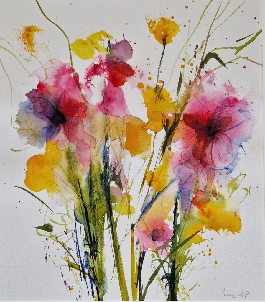 A vibrant, expressive watercolour painting of wildflowers. The piece features loose, flowing strokes in bright pinks, yellows, oranges, and greens, suggesting poppies and buttercups. Thin stems and splattered paint give a lively, energetic feel.