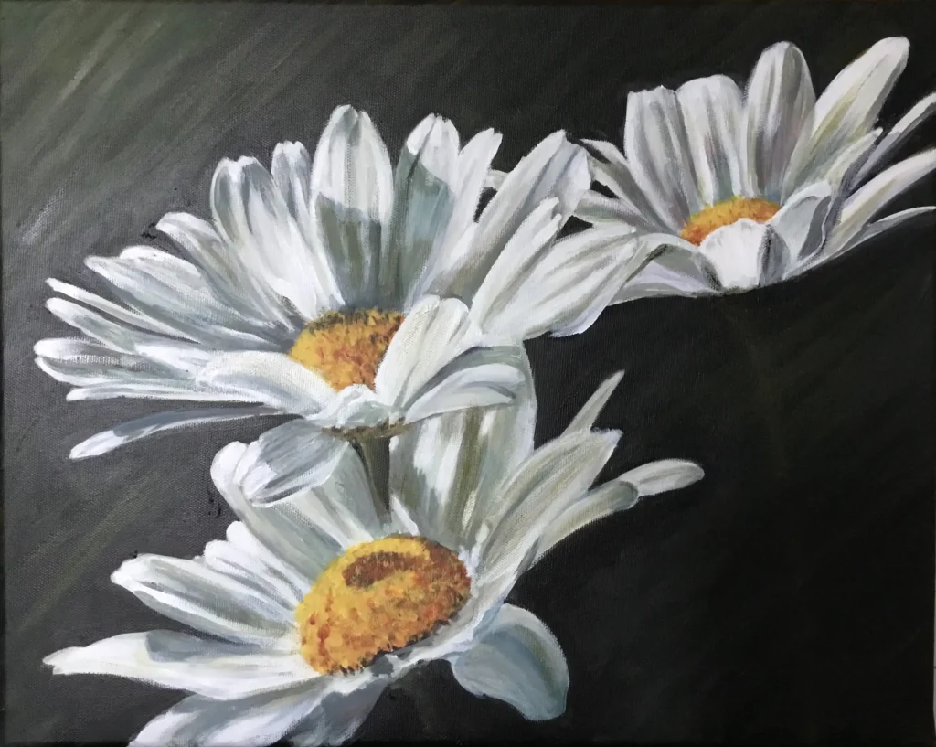A realistic acrylic painting of three large white daisies with yellow-orange centres set against a dark black background. The flowers appear to glow with soft shading and careful attention to petal texture and light.