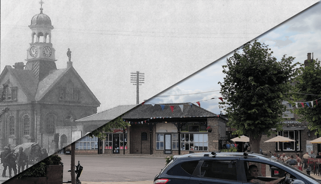 A composite image showing Thetford Market Place past and present. The top-left triangle features a faded black-and-white photo of the historic market with crowds, bicycles and prams in front of the Guildhall clock tower. The bottom-right shows the same view in colour today, with modern shopfronts, trees in full leaf, and people sitting outside Wetherspoons under umbrellas. A dark car with a driver is in the foreground, and bunting is strung across the square.