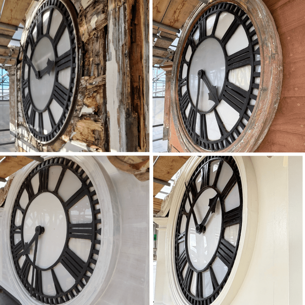 A four-image collage showing the restoration of a traditional clock face. The top two images show the clock in a worn and damaged state with visible wood rot and peeling paint. The bottom two images show the same clock after restoration, now repainted in fresh white and black with a clean, finished surround. Wooden scaffolding is visible around the clock throughout.