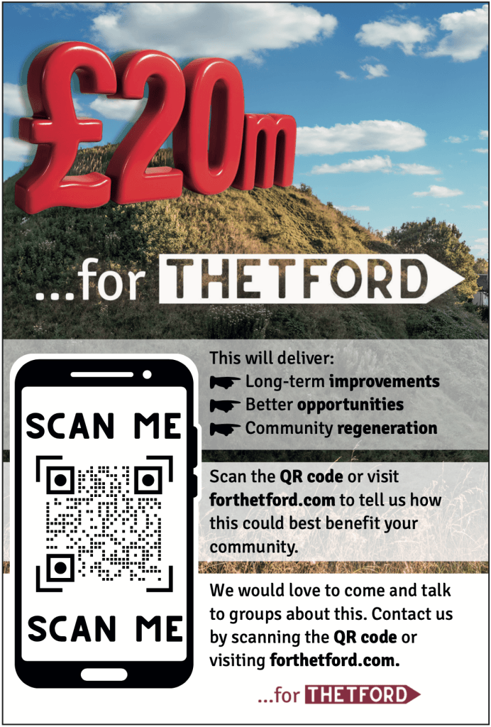 Promotional poster with a large red “£20m” sitting on top of Thetford’s Castle Hill, under a blue sky with scattered clouds. Below, bold text reads “...for THETFORD” next to a signpost graphic. The poster highlights funding goals including long-term improvements, better opportunities, and community regeneration. A QR code is shown within a phone graphic with the words “SCAN ME” above and below. It encourages people to scan or visit forthetford.com to share their ideas.