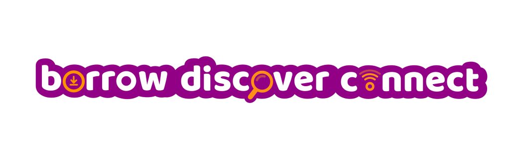 Logo reading “borrow discover connect” in rounded purple text with icons: a downward arrow in the “o” of “borrow,” a magnifying glass in the “o” of “discover,” and a Wi-Fi signal in the “o” of “connect.”