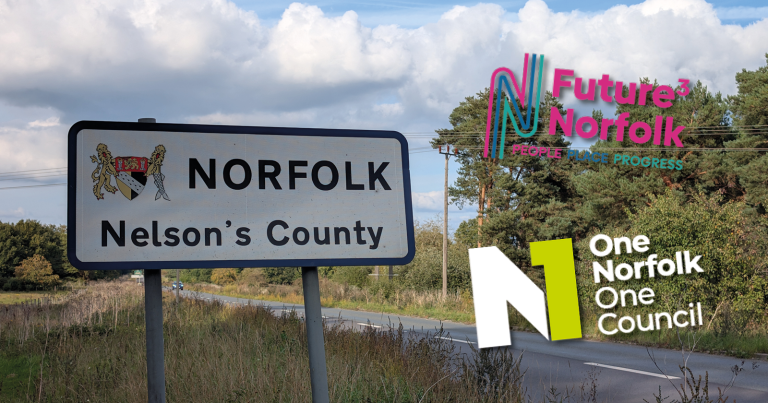 A roadside sign reads “Norfolk – Nelson’s County” with the county crest. Overlaid on the right are the colourful “Future³ Norfolk: People, Place, Progress” logo and the bold “One Norfolk One Council” logo.