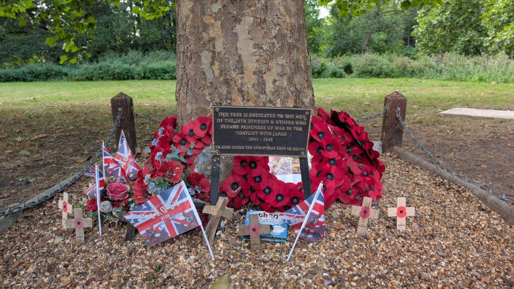 Memorial at the base of a large tree, surrounded by gravel and chain posts. A plaque reads: “This tree is dedicated to the men of the 18th Division & others who became prisoners of war in the conflict with Japan 1941–1945. To keep going the spirit that kept us going.” Red poppy wreaths, wooden remembrance crosses, artificial flowers, and small Union Jack flags are placed around the base.
