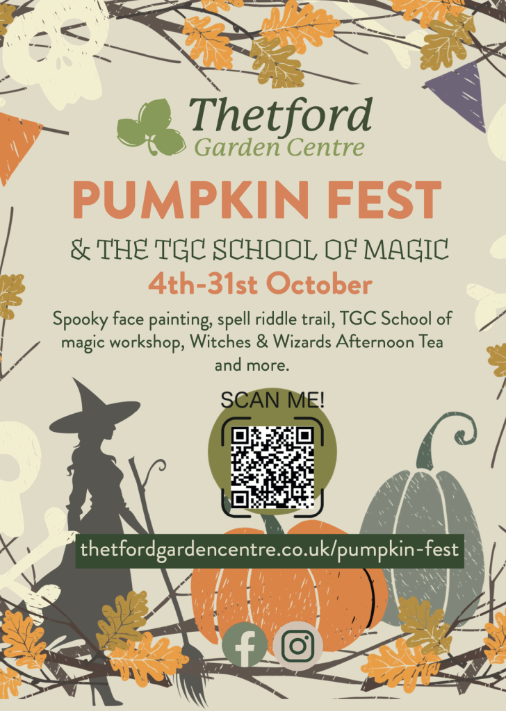 Poster for Thetford Garden Centre’s “Pumpkin Fest & The TGC School of Magic,” running 4th–31st October. Design includes illustrations of autumn leaves, pumpkins, a witch silhouette, and a skull and bones. Text mentions activities such as face painting, spell riddle trail, a magic workshop, and themed afternoon tea. A QR code is centered above the link “thetfordgardencentre.co.uk/pumpkin-fest,” with Facebook and Instagram icons below.