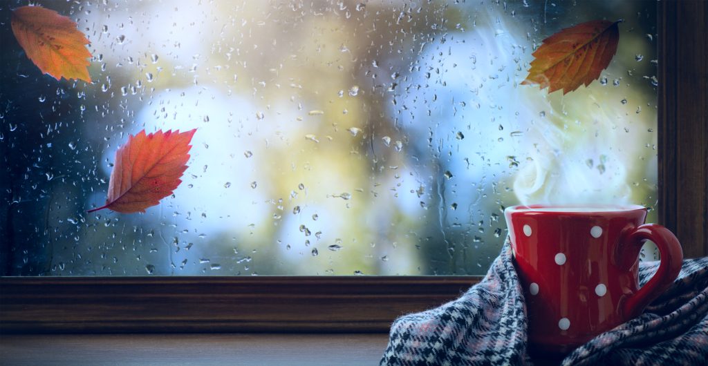 A steaming red mug with white polka dots sits on a windowsill wrapped in a cosy blanket. Outside the rain-speckled window, autumn leaves float gently against a blurred background of trees in golden hues. The scene evokes warmth and comfort on a rainy autumn day.