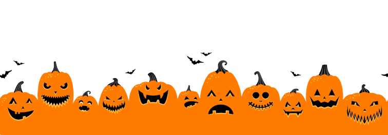 A Halloween-themed banner featuring a row of bright orange jack-o’-lanterns with different carved expressions — smiling, frowning, and grinning — lined up against a black background. Small black bats fly above the pumpkins, adding to the spooky but playful scene.