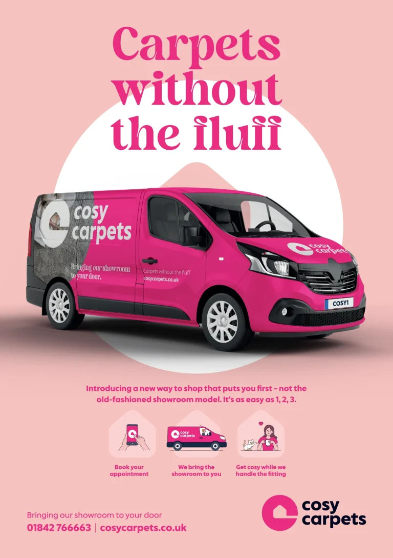 Advertisement for Cosy Carpets showing a bright pink van with the company logo and slogan, “Carpets without the fluff.” The text promotes their service model: booking an appointment, bringing the showroom to your door, and professional fitting. The background is pink with white and grey accents.