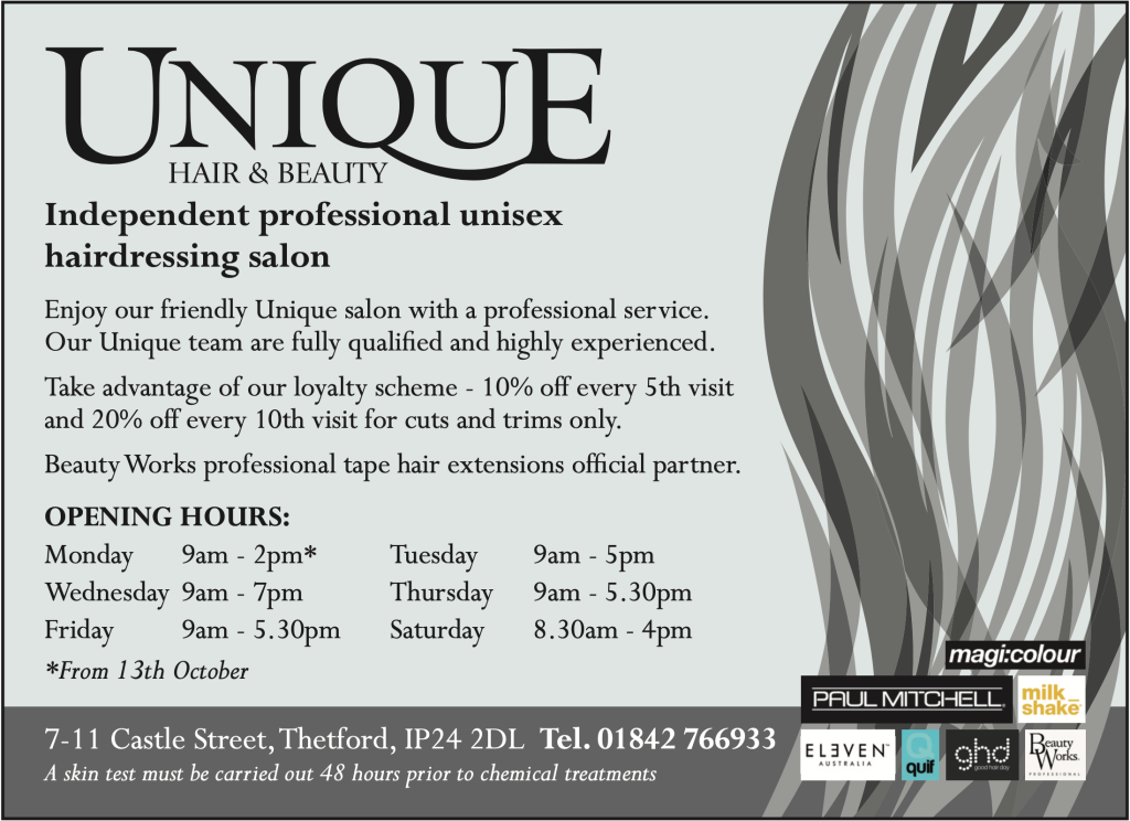 black and white design showing the Unique Hair and Beauty’s logo, services, loyalty scheme, opening hours, and contact information.