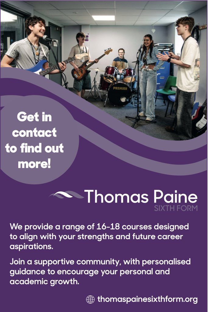A group of students at Thomas Paine Sixth Form play instruments and sing together in a music practice room. The poster text reads: “Get in contact to find out more!” and describes the sixth form’s range of 16–18 courses, supportive community, and personalised guidance for academic growth.