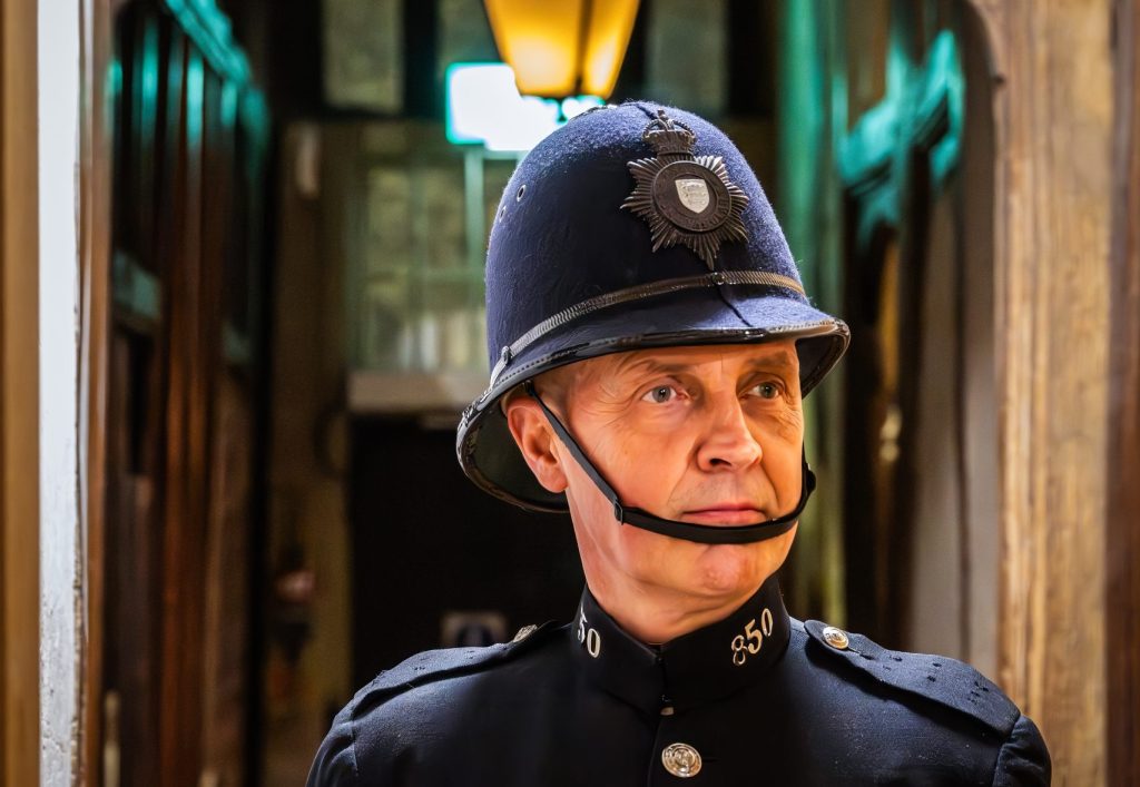 A person dressed in a traditional British police uniform, including a dark tunic and a tall helmet with a badge, stands in a narrow hallway lit by warm overhead lights, looking slightly to the side with a serious expression.