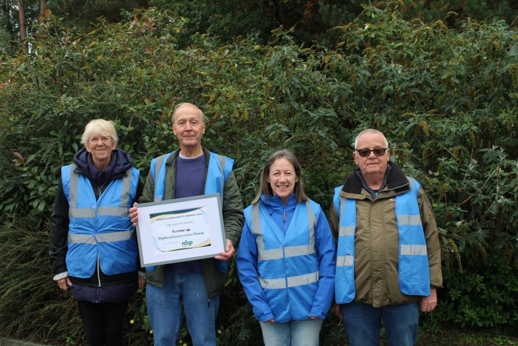 Four members of Thetford Conservation Group stand outdoors in front of green bushes, all wearing blue high-visibility vests. The person second from the left holds a framed certificate reading “Norfolk Biodiversity Awards 2025 – Runner Up – Thetford Conservation Group.” Everyone is smiling, and the photo has a natural, community feel.