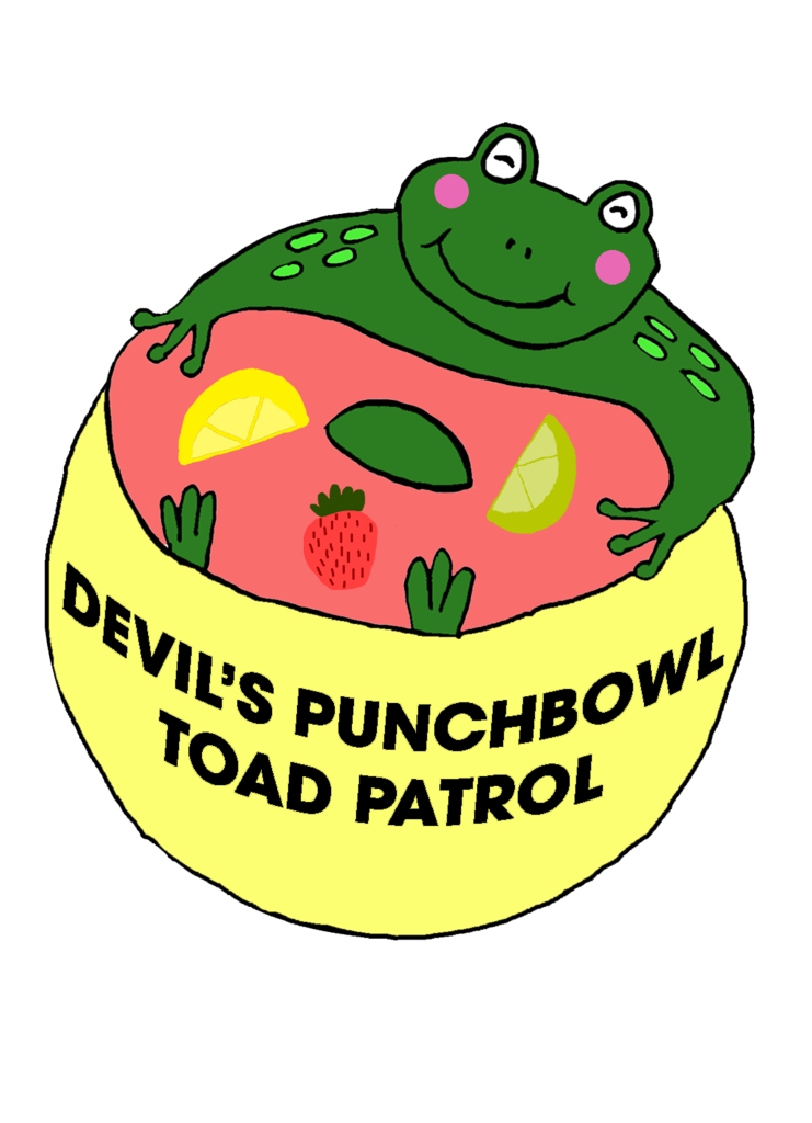 Illustrated logo showing a smiling green toad sitting in a bowl of pink punch with fruit slices, reading “Devil’s Punchbowl Toad Patrol”.