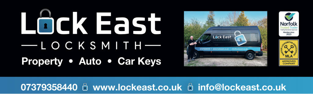 A black promotional banner for Lock East Locksmith. On the left, large white text reads “Lock East” with a blue padlock icon forming part of the logo, and “LOCKSMITH” beneath. Below, the services “Property • Auto • Car Keys” are listed. On the right is a photo of a black Lock East van with blue branding and a large padlock graphic, parked outdoors with a man in black workwear standing beside it. Two accreditation logos appear to the right: Norfolk Trusted Trader (Member since 2023) and Master Locksmiths Association (MLA) Approved Company. Along the bottom, a blue strip displays the contact details: 07379 358440, www.lockeast.co.uk
and info@lockeast.co.uk
.