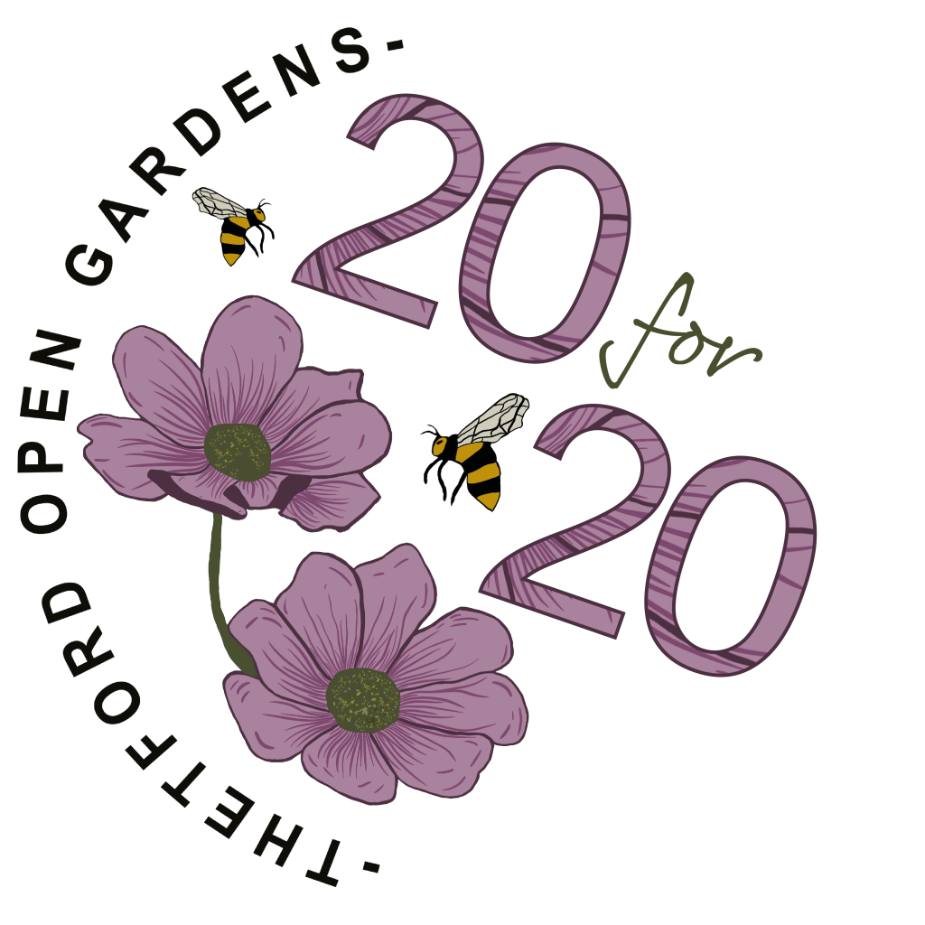 Graphic on a black background promoting Thetford Open Gardens “20 for 20”. Large purple text reads “20 for 20”, with two illustrated pink-purple flowers and two bees flying nearby. Circular text around the edge reads “Thetford Open Gardens”.