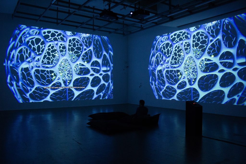 A dark gallery space with two large wall projections displaying abstract blue cellular structures. A person sits on low cushions in the centre of the room watching the immersive digital artwork, with a control pedestal nearby.