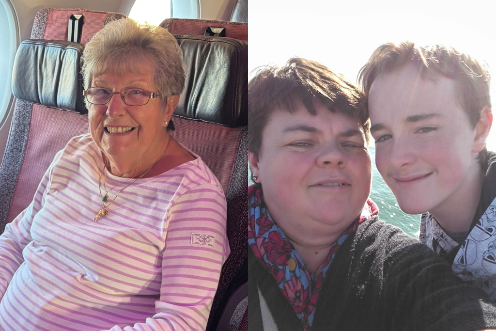 Side-by-side photo collage. On the left, an elderly woman with short grey hair and glasses smiles while seated on a train, wearing a pink and white striped top and gold necklace. On the right, a woman and a teenage boy pose closely for a selfie outdoors by the water, both smiling softly in bright sunlight.