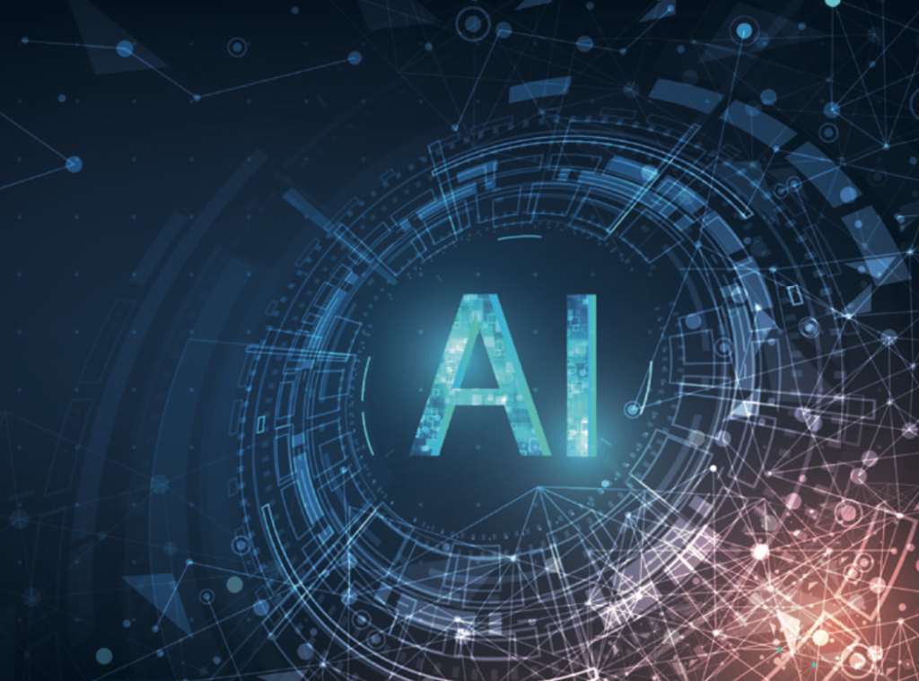 Abstract digital illustration representing artificial intelligence. The letters “AI” appear in the centre, glowing in blue, surrounded by circular interface graphics, data lines, and network connections on a dark background with blue and orange highlights.