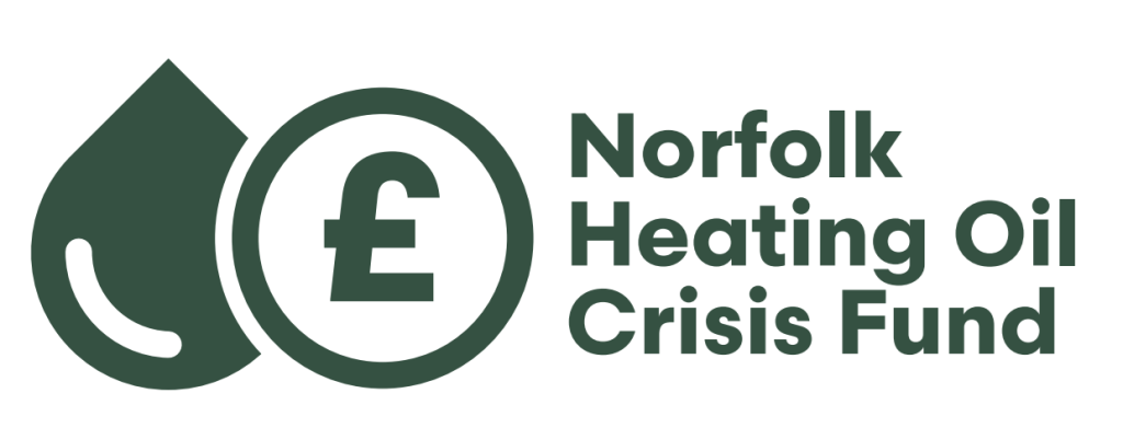 A green logo featuring a pound symbol inside a circle next to a droplet icon, with the text “Norfolk Heating Oil Crisis Fund.”