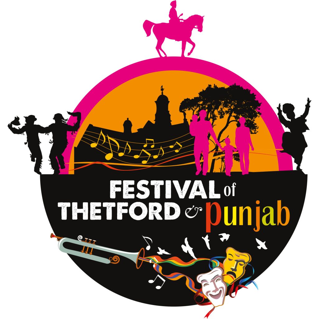 The official Festival of Thetford & Punjab logo. A stylised circular design combines silhouettes of local landmarks, trees, families, dancers, music notes and cultural symbols in black, pink, orange and yellow. A horse and rider silhouette sits above the logo, while a trumpet, flowing ribbons, theatre masks and birds decorate the lower section, representing the festival's blend of music, arts, heritage and community.
