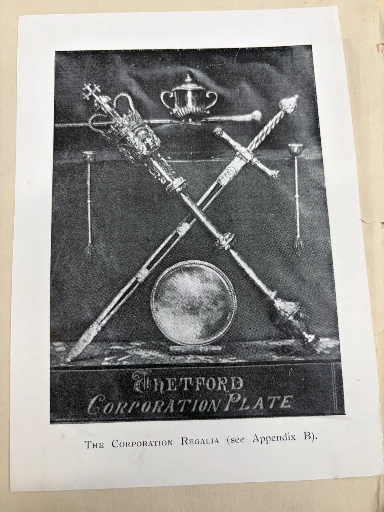 A historic black-and-white illustration of St Cuthbert’s Church in Thetford mounted on archival paper.