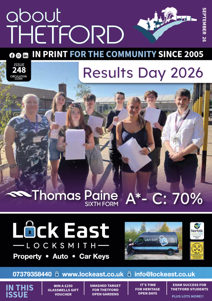 September 2026 cover of About Thetford Magazine, Issue 248. The main image shows a group of smiling Thomas Paine Sixth Form students and staff standing outside in the sunshine, with several students holding their results envelopes. A large headline reads “Results Day 2026”, with Thomas Paine Sixth Form reporting 70% A*-C grades. The lower section features an advert for Lock East Locksmith, while cover lines highlight a £250 Glasswells gift voucher competition, Thetford Open Gardens reaching its fundraising target, Heritage Open Days and exam success for Thetford students.