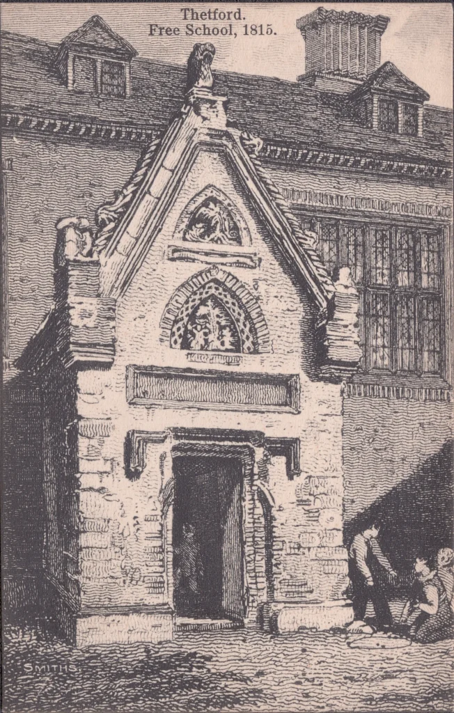 Historic illustration labelled “Thetford Free School, 1815”, showing an ornate gabled entrance with a large school building behind and two figures seated beside the doorway.